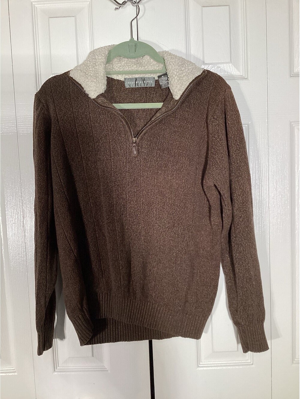 Oscar De La Renta Men's Knit 1/2 Zip Pullover Brown Sweater Faux Sherpa Collar M